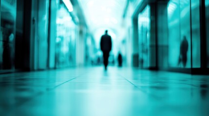 Fototapeta premium Solitary Figure in a Teal-Toned Shopping Mall