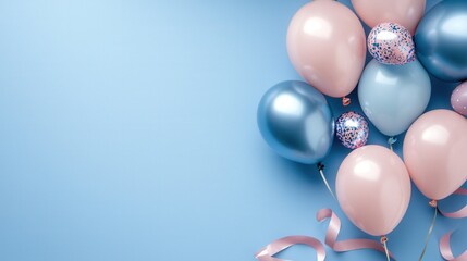 A bunch of balloons in blue and pink are arranged on a blue background