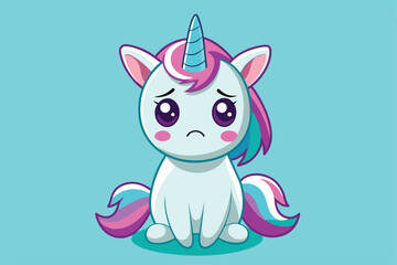 A sad unicorn character with a colorful mane looks down with big eyes, set against a soothing blue backdrop, Sad unicorn Customizable Cartoon Illustration