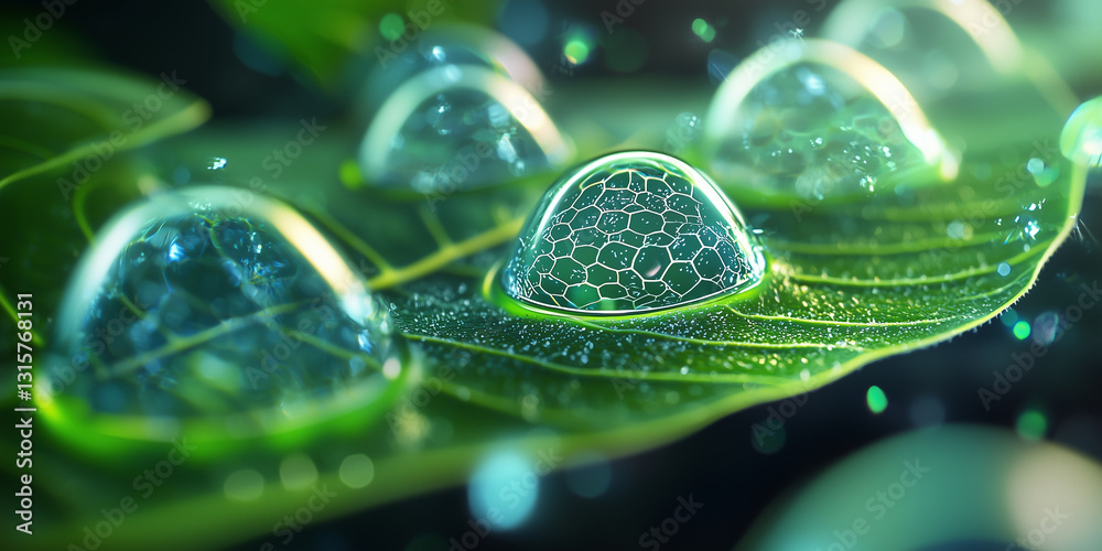 Poster creative depiction of stomata on leaf illustrating their structure and function, with focus on intricate details and vibrant colors