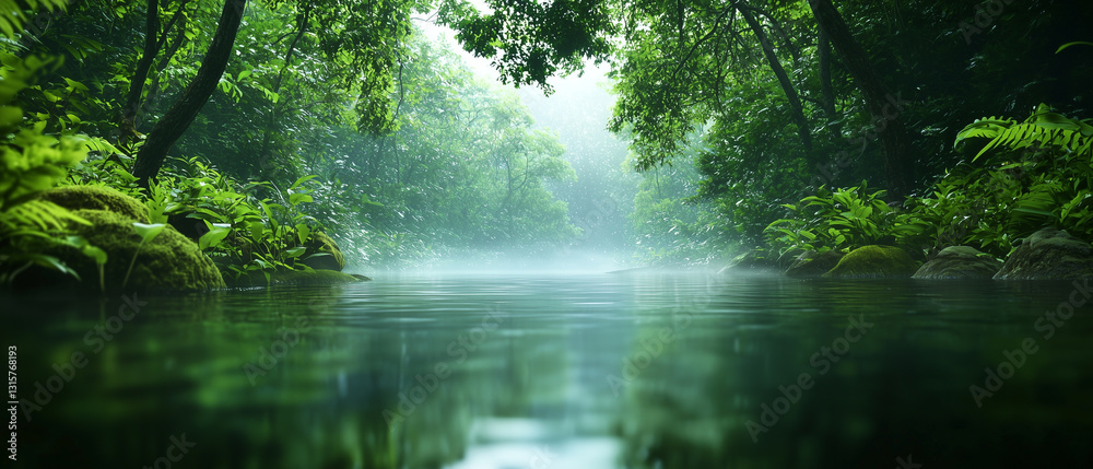Poster serene forest scene with tranquil water body surrounded by lush greenery and mystical fog creates en