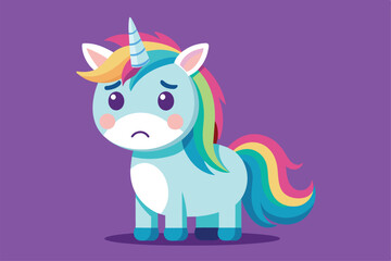 Fototapeta premium A customizable sad unicorn character stands on a purple background with colorful mane and tail details, Sad unicorn Customizable Flat Illustration