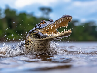 Obraz premium crocodile emerges from water with its mouth open, displaying sharp teeth against blurred natural background. dynamic low angle shot captures power and intensity of reptile in its natural habitat