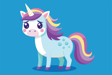Naklejka premium A customizable flat illustration features a sad unicorn with a colorful mane and expressive eyes, Sad unicorn Customizable Flat Illustration