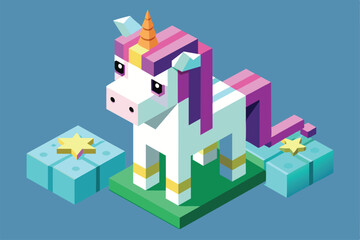 The sad unicorn stands alone, surrounded by blue gifts, conveying an atmosphere of longing or disappointment, Sad unicorn Customizable Isometric Illustration