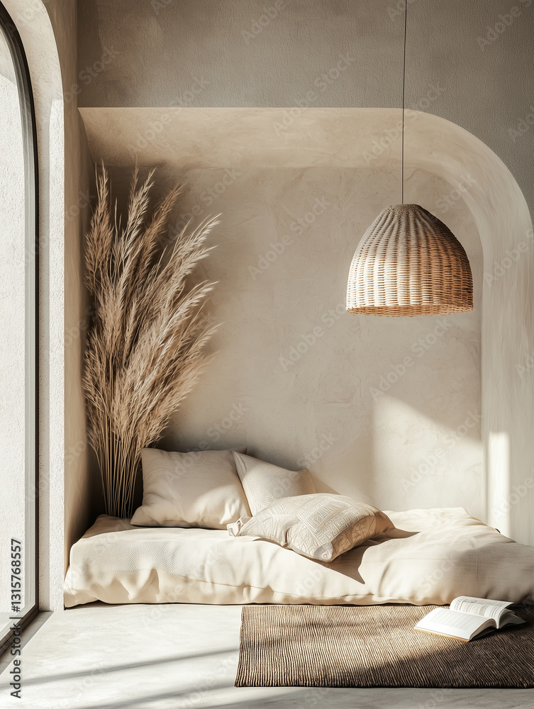 Poster cozy reading nook with minimalist design features comfortable daybed, soft pillows, and woven pendan