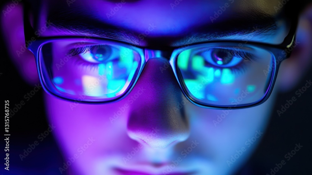 Wall mural focused gaze of a coder immersed in digital data illuminated on glasses under blue and purple light 