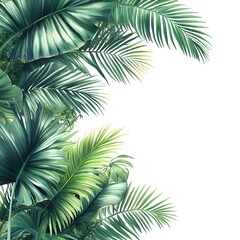 Fototapeta premium Lush tropical plant border featuring vibrant green palm leaves against a clean white advertising background
