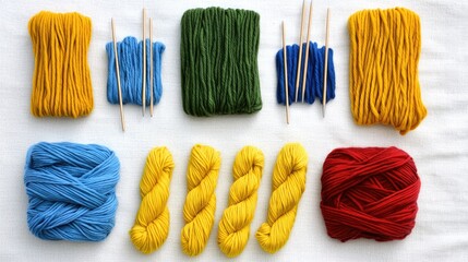 Colorful Yarn and Knitting Supplies in a Flatlay Arrangement on a Textured Surface for Creative Craft Projects