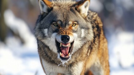 Obraz premium Wild wolf in aggressive stance walks through snowy forest during winter morning