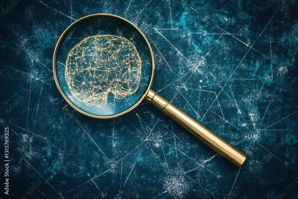 Poster Magnifying glass on artificial intelligence brain symbolizing transparency and oversight in AI technology design