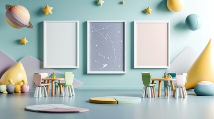 A colorful room with three white frames on the wall