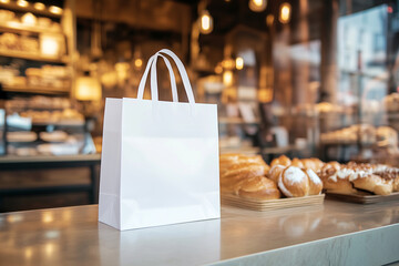 Photograph of a white paper bag with two handles on the counter in a frontal view, with a blurred background of a bakery shop interior displaying fresh bread and pastries. Mockup.