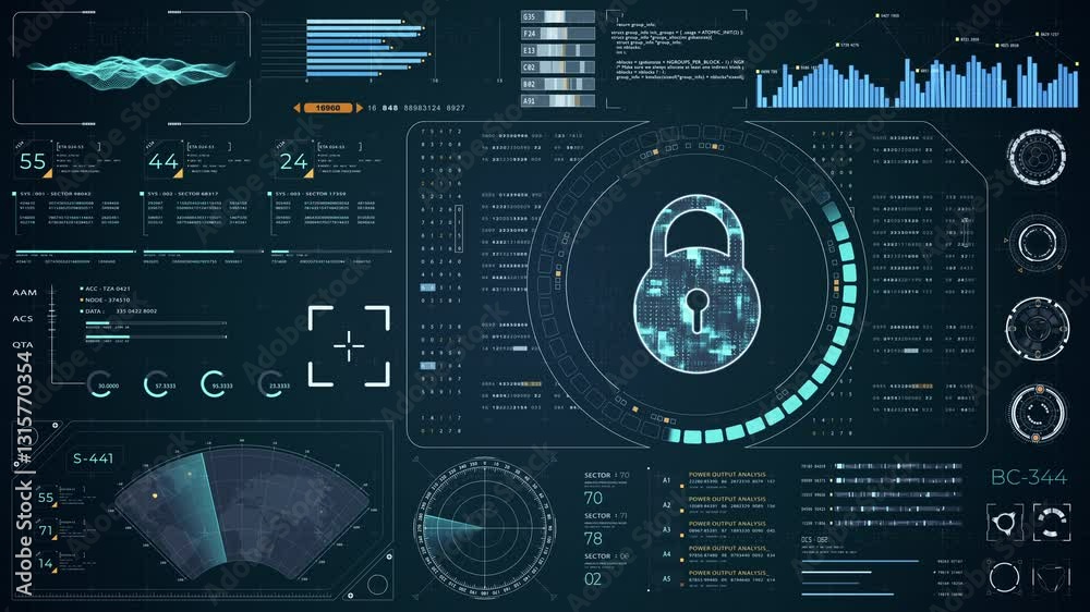 Poster motion graphic of blue digital security key with head up display (hud ui) and circuit panel futurist