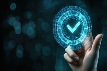 Hand touching digital check mark icon in blue glowing circle