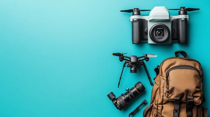 Overhead shot of photography equipment and a backpack on a blue background