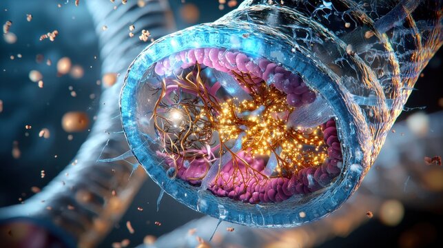 A cell mitochondria close up of a cell with a pink and blue color scheme