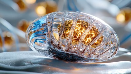 A cell mitochondria glass object with a gold and blue swirl design