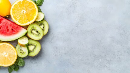 Fresh Fruit Arrangement with Watermelon, Lemon, Kiwi, and Orange on Gray Background