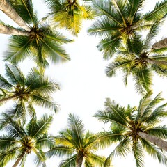 Naklejka premium Tropical palm trees framed against a bright white background offering a unique perspective from below the canopy
