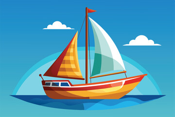 Fototapeta premium A vibrant, customizable sailboat sails smoothly on a calm ocean under a bright blue sky, Sail boat Customizable Cartoon Illustration