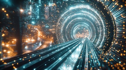 Futuristic Cityscape: Hyperloop Journey Through a Neon Tunnel