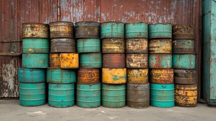 Fototapeta premium Rusty Barrels Stacked Against a Weathered Wall