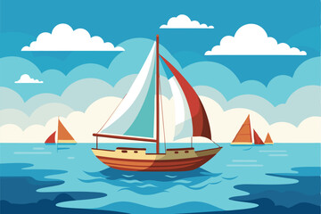 Fototapeta premium A sailboat navigates the tranquil sea, with colorful sails catching the gentle breeze on a sunny day, sailboat in the sea.