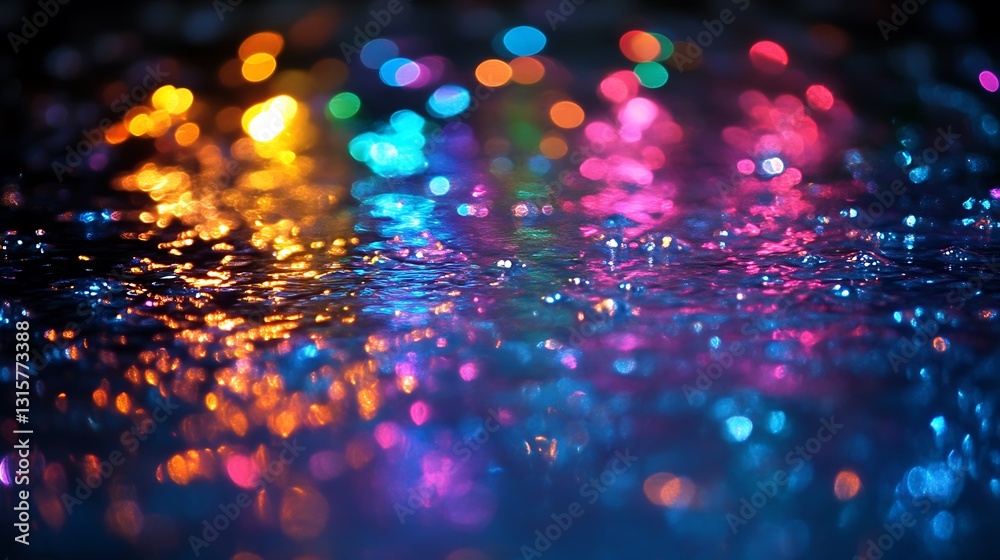 Wall mural illuminated reflections of colorful lights on rippling surface create abstract imagery