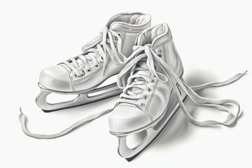White Ice Skates with Undone Laces on Plain Background