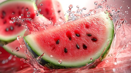 Juicy watermelon slices splashing in water, showcasing freshness and summer vibes.
