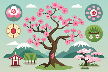Sakura trees adorned with pink blossoms set against a picturesque Japanese mountain backdrop, Sakura tree set, Icons with flowering Japanese plant,