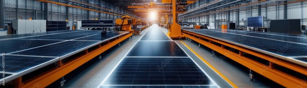 Poster a factory floor with a large number of solar panels