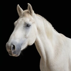 Obraz premium Closeup portrait of a white horse gazing left, with light blonde mane, deep brown eyes, and black background.