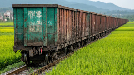Fototapeta premium Rice factory, Transporting bulk rice shipments by train in high-resolution imagery.