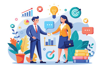 Two businesspeople collaborate on a sales project, exchanging ideas with visual data surrounding them, Sales business cooperation