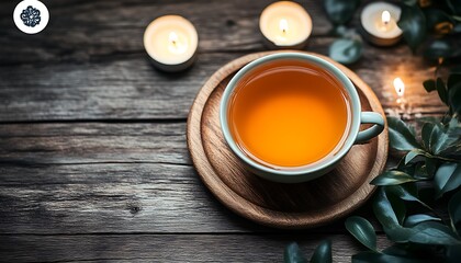 A warm cup of tea surrounded by candlelight and greenery
