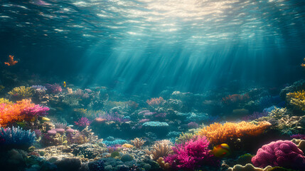Fototapeta premium Tropical Ocean Ecosystem: Colorful Coral Reef in Sunlight, Colorful Coral Reef with Marine Life