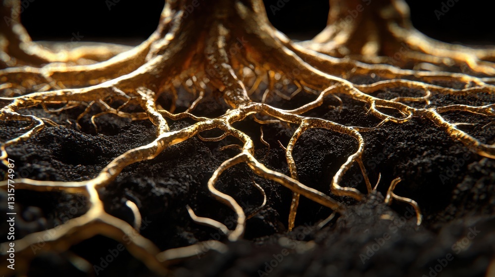 Poster the roots of a tree are shown in gold, with the soil and dirt surrounding them