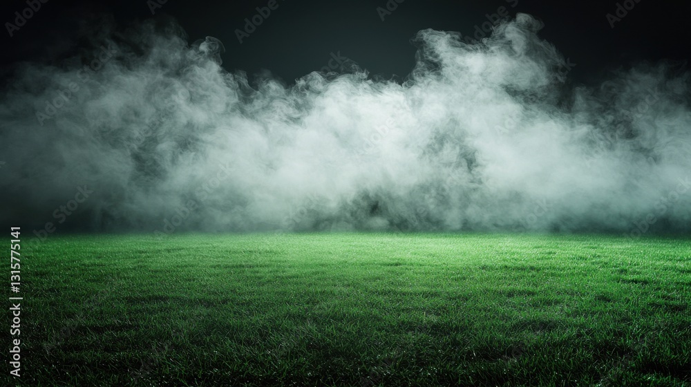 Poster a field of green grass with a large cloud of smoke in the background