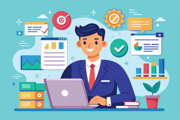 Fototapeta premium A professional man works on a laptop surrounded by graphs, charts, and metrics related to sales consulting, Sales consulting Customizable Flat Illustration