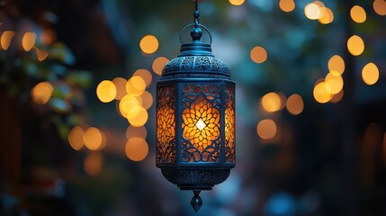 Intricate Metal Lantern with Warm Glowing Light Hanging Outdoors at Night, Illuminated by Festive Bokeh Lights, Ramadan Festive Decoration