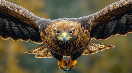 Majestic Golden Eagle in Flight, Wings Spread Wide, Powerful Bird Soaring Through Snowy Air, Close-Up View of a Raptor Hunting