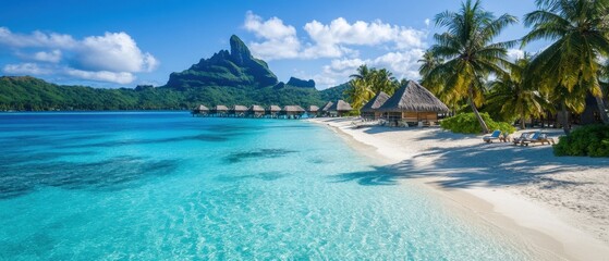 Fototapeta premium A beautiful beach with palm trees and a clear blue ocean