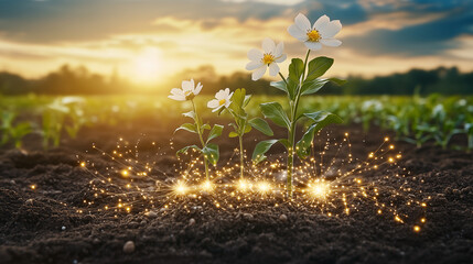 Mysterious underground plant roots network with glowing connections reveals the secrets of botanical communications.