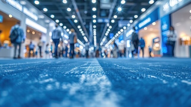 Crowded convention center hall, people walking, blurred background, business event