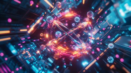 Fototapeta premium structure in motion with floating atoms in bright colors, connected by glowing bonds, set against a dark and high-tech scientific background 
