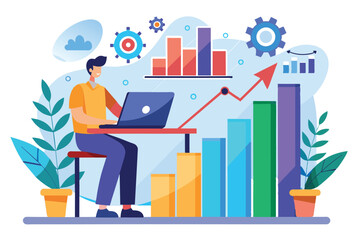 A person analyzes sales growth using a laptop with colorful bar graphs and gears depicting business trends, sales growth trade analysis business analyst