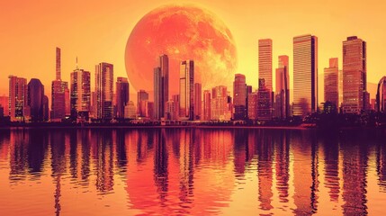 Obraz premium Crimson Cityscape: A futuristic metropolis reflected in a calm lake under a gigantic red moon, creating a surreal and vibrant scene.