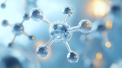 of a chemical molecule with bright metallic spheres for atoms and glowing connections, displayed against a soft futuristic blue background 